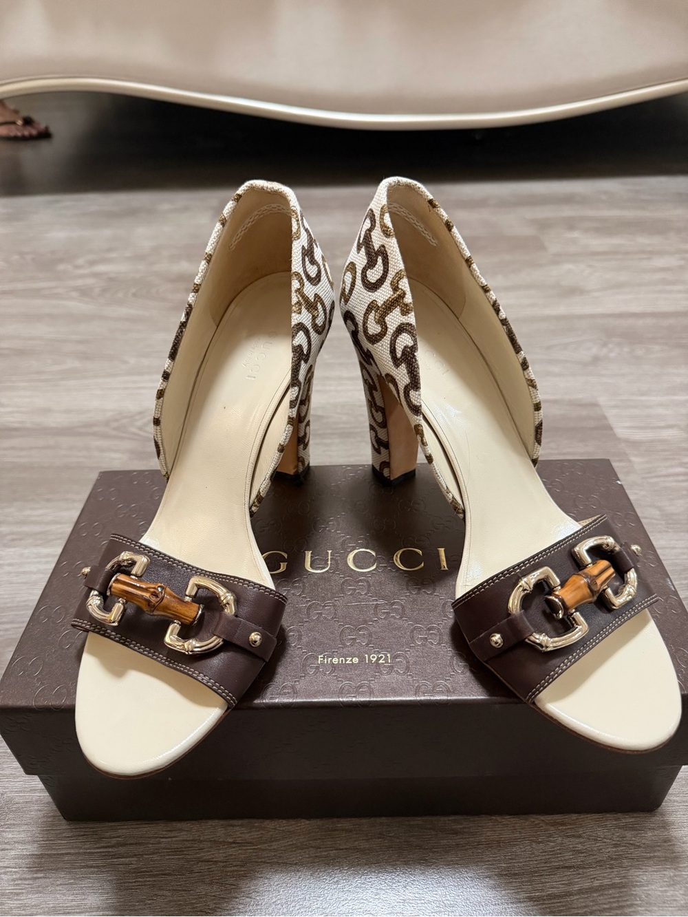 Gucci Cream & Brown GG Canvas Leather Mid-Heel Sandals with Bamboo Hardware